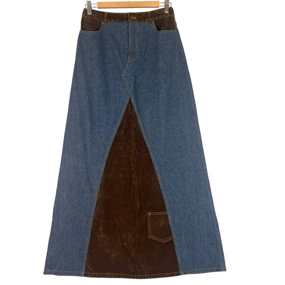 Vintage Forenza Long Denim & Velvet Maxi Skirt Womens 6 Boho Hippie Grunge Y2K - Picture 3 of 14